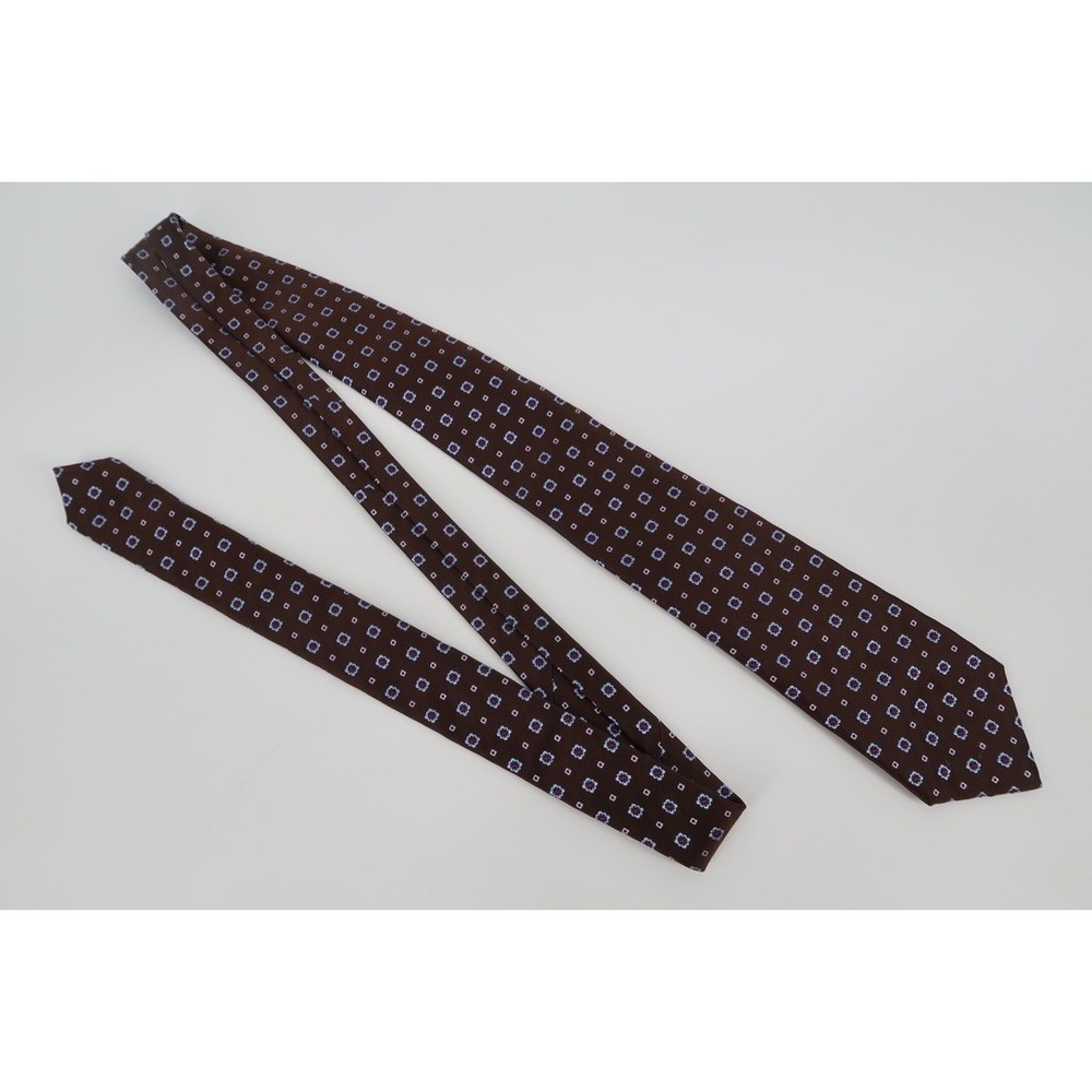 Isaia Napoli Silk Tie Mens OS Brown Blue Floral Geometric 7-Fold Handmade Italy - Picture 5 of 10